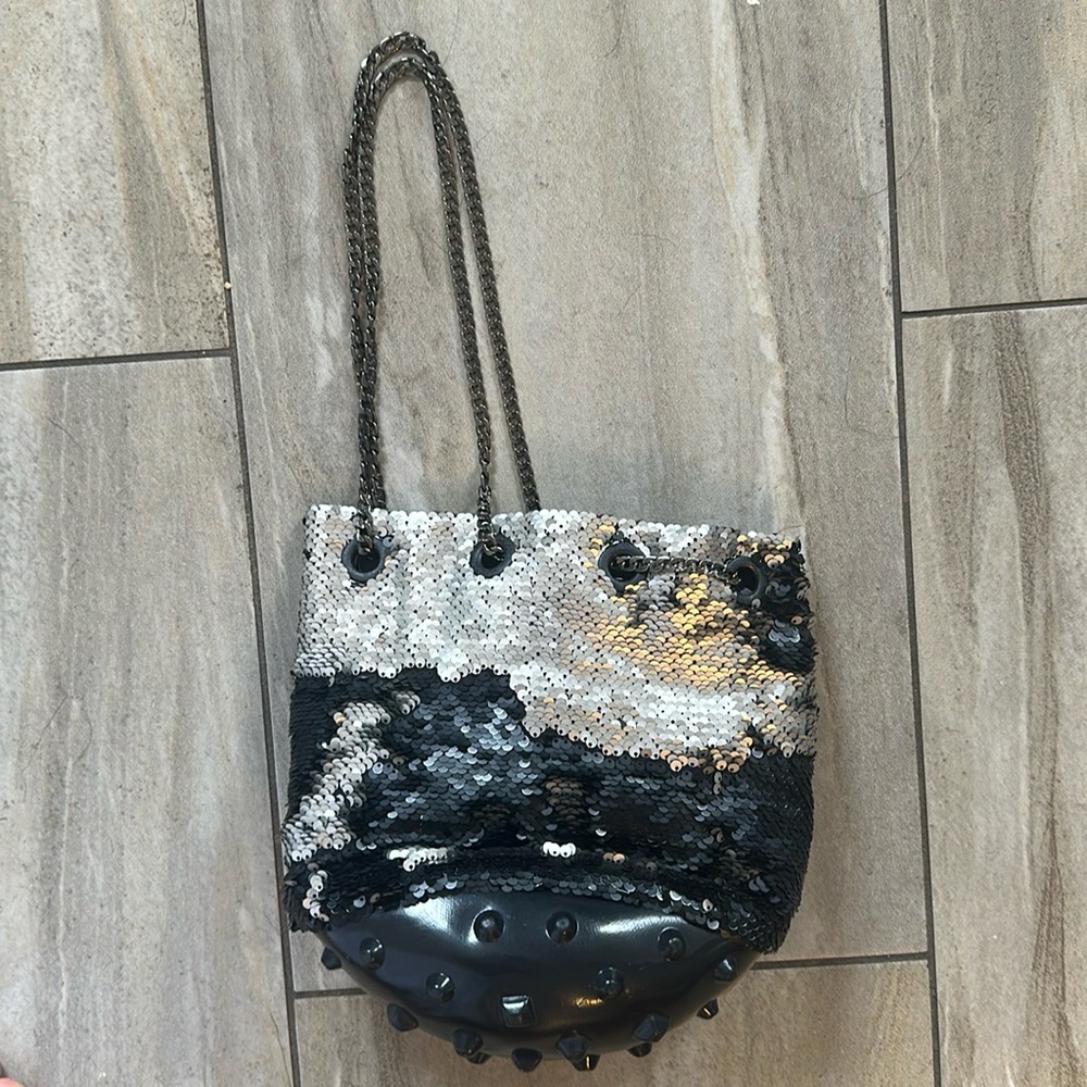 Mikel Hunter black silver sequined unique chain link bucket bag